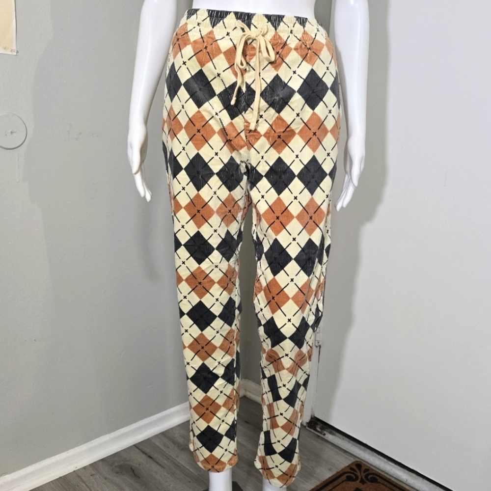 NTW PACSUN CORDUROY ARGYLE PRINT DRAWSTRING STRAIGHT LEG PANTS